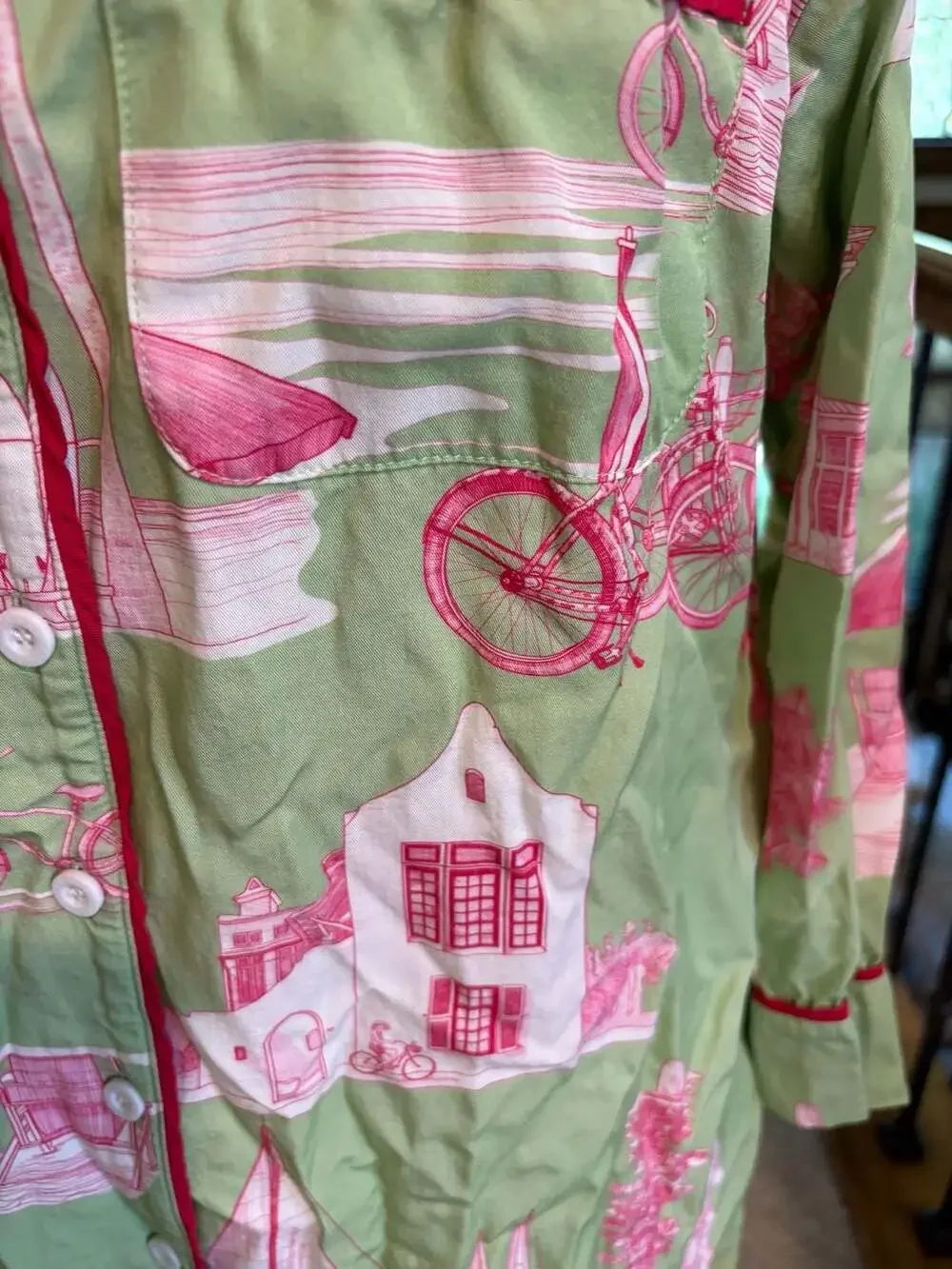 Katie Kime Florida Toile Button Down Sleep Shirt in Green and Pink M